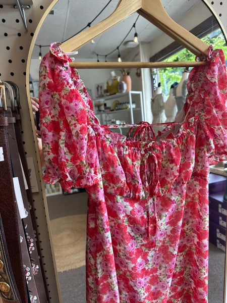 Floral Puff-Sleeve Midi Dress – Square Neckline in Rosy Bloom | Size Med/Large