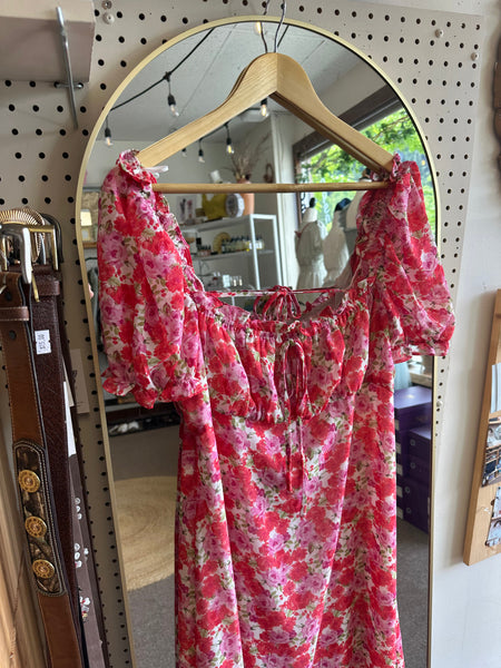 Floral Puff-Sleeve Midi Dress – Square Neckline in Rosy Bloom | Size Med/Large