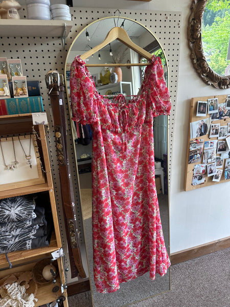 Floral Puff-Sleeve Midi Dress – Square Neckline in Rosy Bloom | Size Med/Large