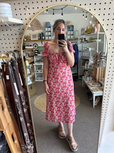Floral Puff-Sleeve Midi Dress – Square Neckline in Rosy Bloom | Size Med/Large