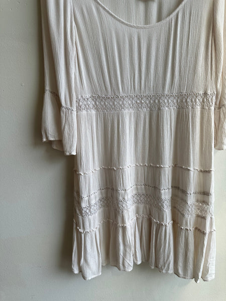 Textured Boho Babydoll Tunic – Creamy Gauze with Crochet Detail | Size Large