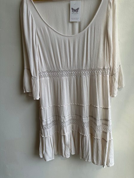 Textured Boho Babydoll Tunic – Creamy Gauze with Crochet Detail | Size Large