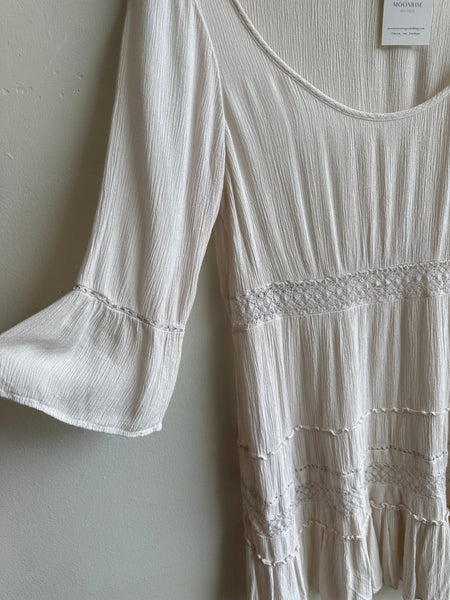 Textured Boho Babydoll Tunic – Creamy Gauze with Crochet Detail | Size Large
