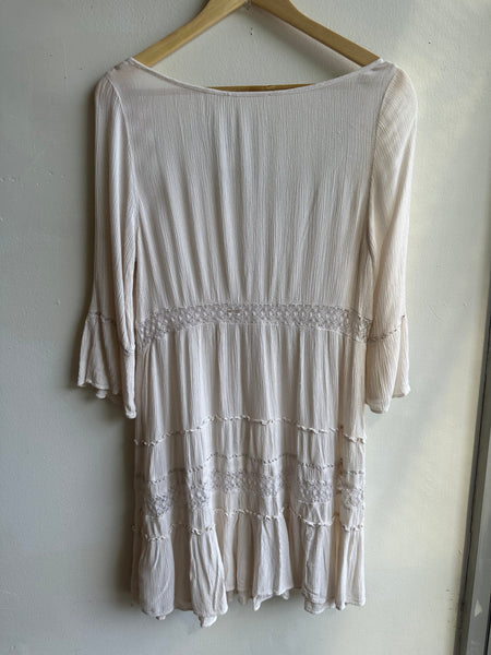 Textured Boho Babydoll Tunic – Creamy Gauze with Crochet Detail | Size Large