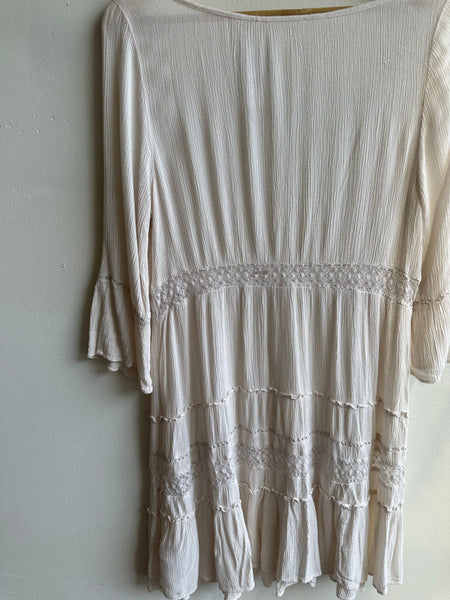 Textured Boho Babydoll Tunic – Creamy Gauze with Crochet Detail | Size Large