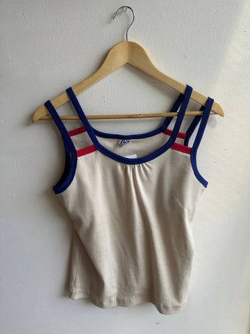 Vintage RR Sportsware Tank – Retro Racer Trim in Cream + Blue | Size Medium