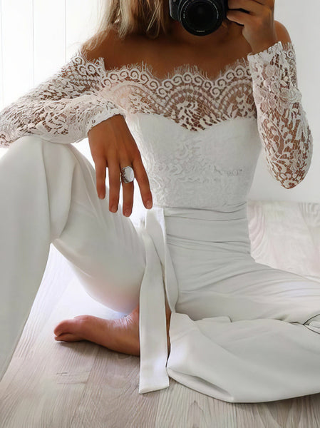Women's Lace Panel Long Sleeve Jumpsuit with Stand Collar