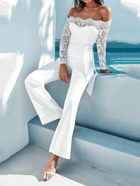 Women's Lace Panel Long Sleeve Jumpsuit with Stand Collar