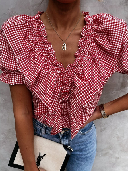 Women's Layered Plaid Short Sleeve V-Neck Lotus Leaf Blouses