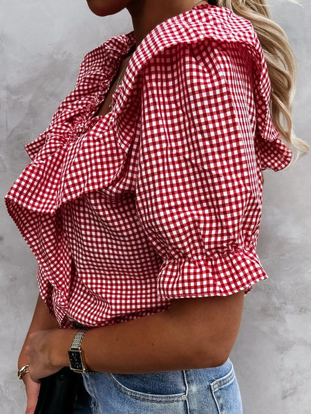 Women's Layered Plaid Short Sleeve V-Neck Lotus Leaf Blouses