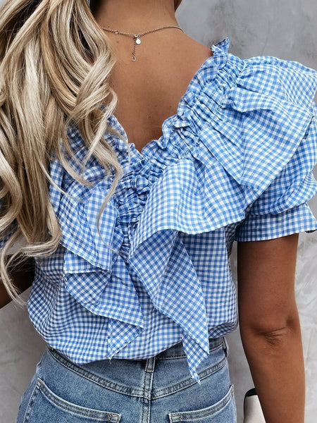 Women's Layered Plaid Short Sleeve V-Neck Lotus Leaf Blouses