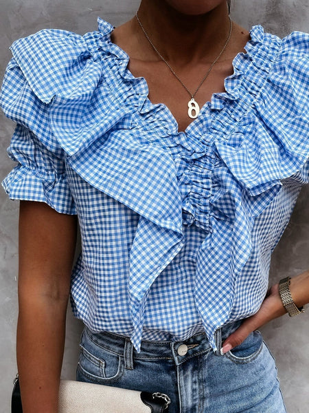 Women's Layered Plaid Short Sleeve V-Neck Lotus Leaf Blouses