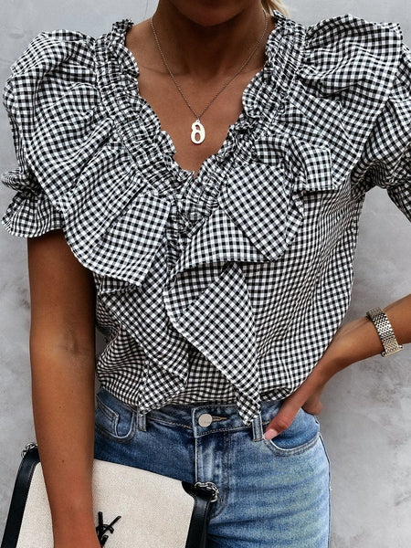 Women's Layered Plaid Short Sleeve V-Neck Lotus Leaf Blouses