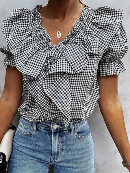 Women's Layered Plaid Short Sleeve V-Neck Lotus Leaf Blouses