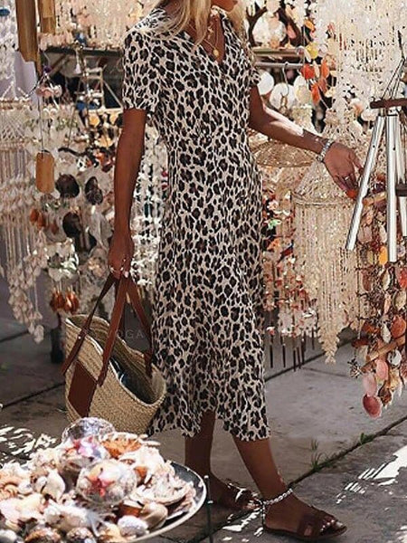 Leopard Print Black V-Neck Short Sleeve Dress