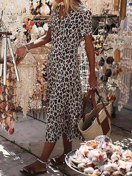 Leopard Print Black V-Neck Short Sleeve Dress