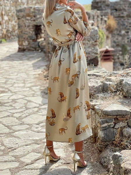 Leopard Print Lace Up Long Sleeve Dress