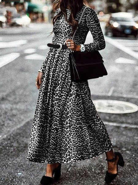 Women's Leopard Print Vintage Round Neck Long Sleeve Dress