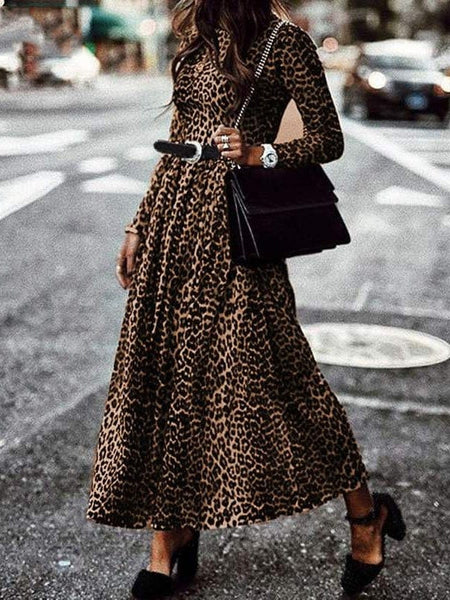 Women's Leopard Print Vintage Round Neck Long Sleeve Dress