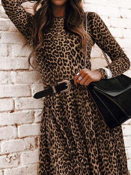 Women's Leopard Print Vintage Round Neck Long Sleeve Dress