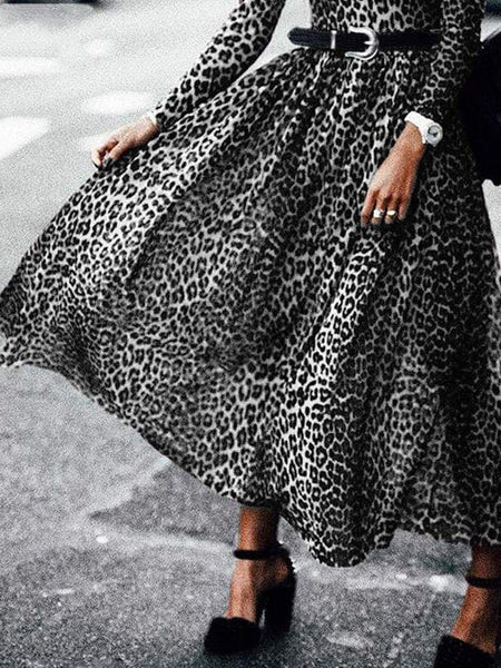 Women's Leopard Print Vintage Round Neck Long Sleeve Dress