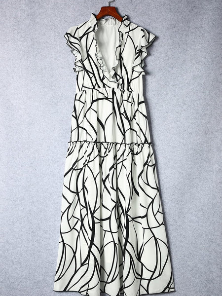 Contemporary Maxi Dress with Mesmerizing Abstract Face Print and V-Neckline