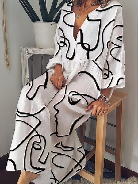 Contemporary Maxi Dress with Mesmerizing Abstract Face Print and V-Neckline