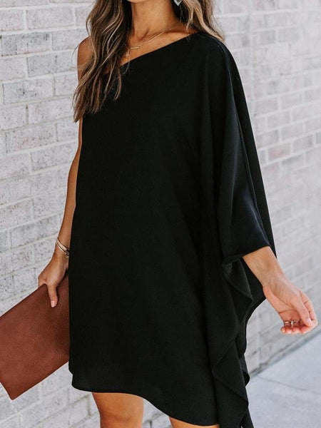 Loose Sloping Shoulder Solid Mini Dress