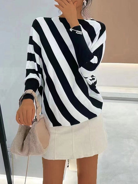 Striped Knit Crew Neck Sweater