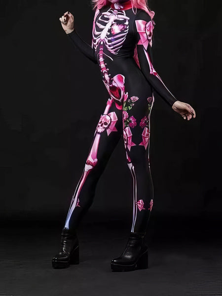 MsDressly‚àö√á¬¨√Ü Halloween Skull Skeleton Print Jumpsuit for Spooky Season