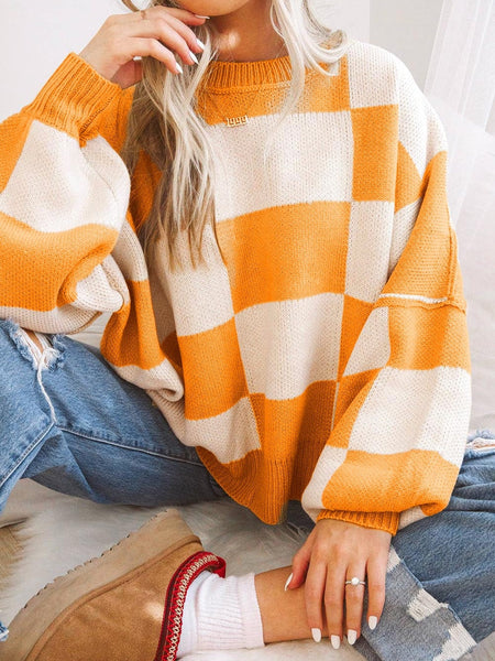 Orange and Cream Checkered Knit Sweater