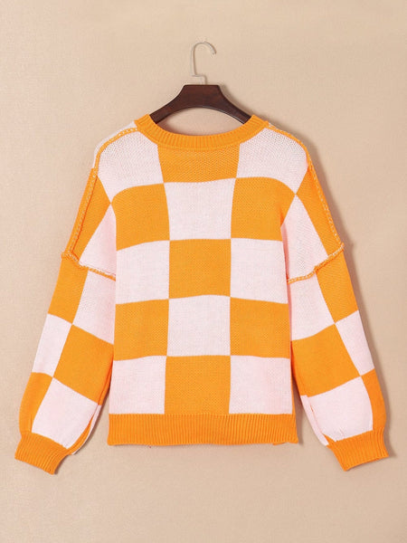Orange and Cream Checkered Knit Sweater