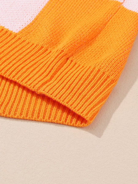 Orange and Cream Checkered Knit Sweater