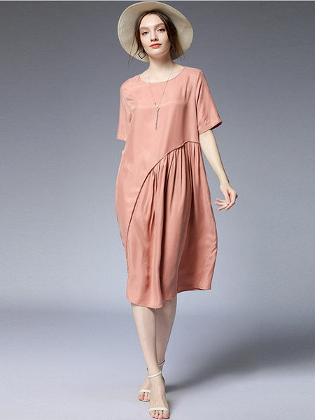 Pleated Loose Fit Casual Midi Dress in Solid Colors
