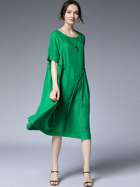 Pleated Loose Fit Casual Midi Dress in Solid Colors
