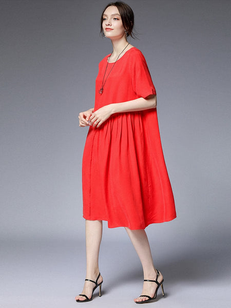 Pleated Loose Fit Casual Midi Dress in Solid Colors