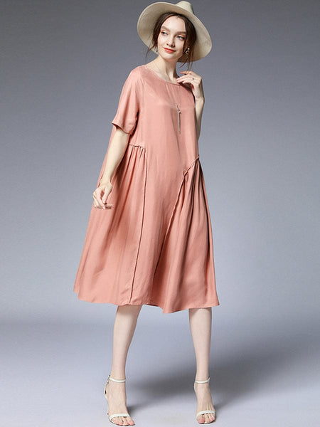 Pleated Loose Fit Casual Midi Dress in Solid Colors