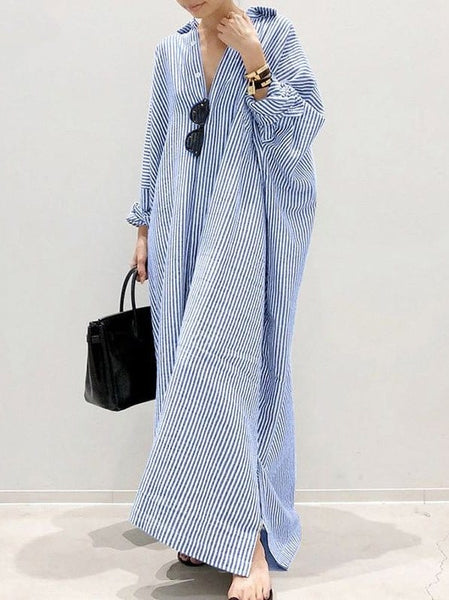 Women's Relaxed Striped Maxi Shirt Dress with Side Slits