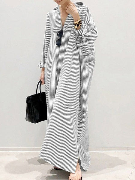 Women's Relaxed Striped Maxi Shirt Dress with Side Slits