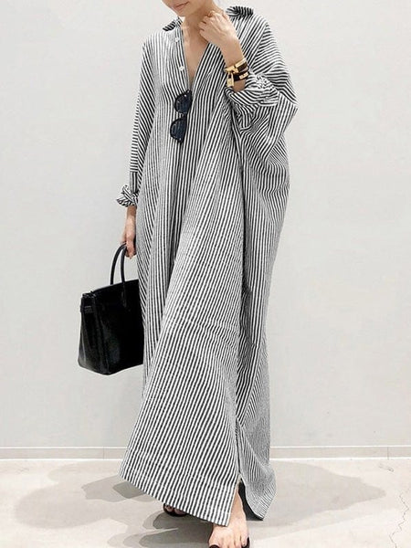 Women's Relaxed Striped Maxi Shirt Dress with Side Slits