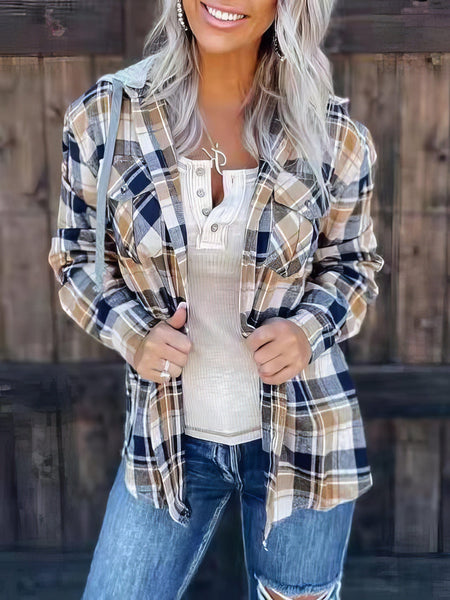 Women's Detachable Hood Plaid Flannel Shacket with Pockets