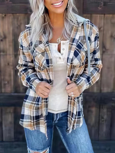 Women's Detachable Hood Plaid Flannel Shacket with Pockets