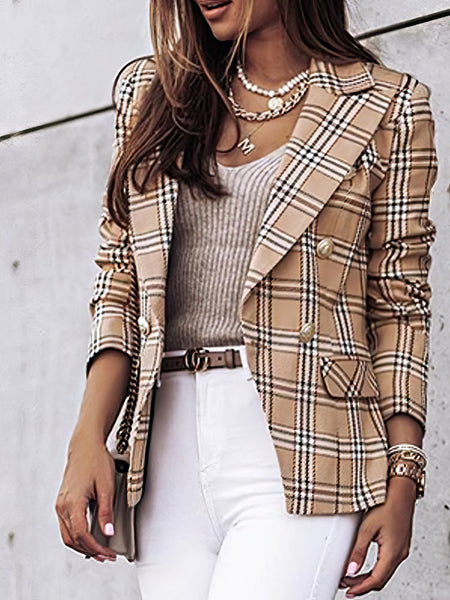 Plaid Print Double-Breasted Long Sleeve Blazer: Notch Lapels - Drop Shoulder - Casual Elegance