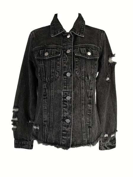 Vintage Ripped Raw Hem Flap Pockets Long Sleeve Denim Jacket