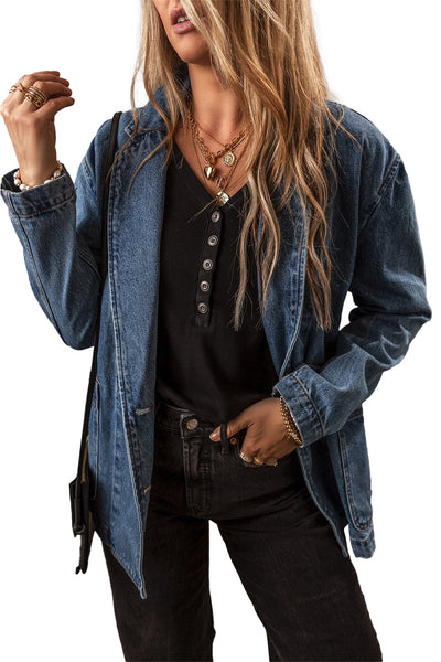 Vintage Ripped Raw Hem Flap Pockets Long Sleeve Denim Jacket