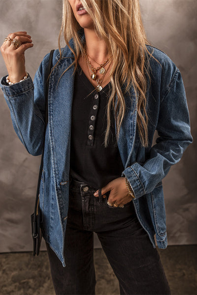 Vintage Ripped Raw Hem Flap Pockets Long Sleeve Denim Jacket