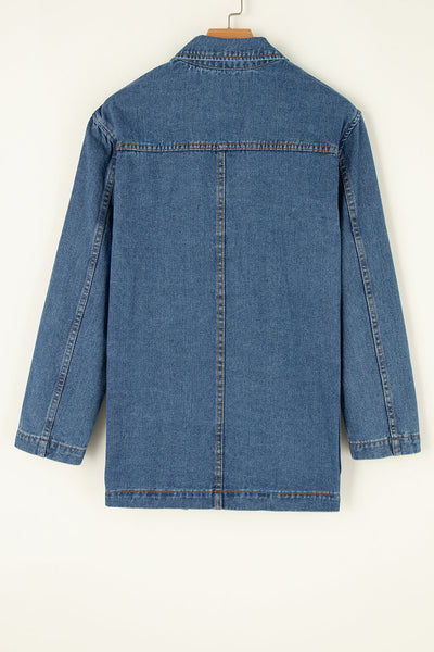 Vintage Ripped Raw Hem Flap Pockets Long Sleeve Denim Jacket