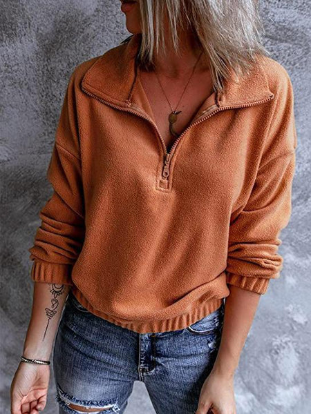 Women's Polar Fleece Stand Collar Zipper Long Sleeves Hoodie