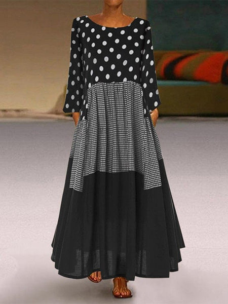 Women's Polka Dot Long Sleeve Dress with Round Neck and Pockets