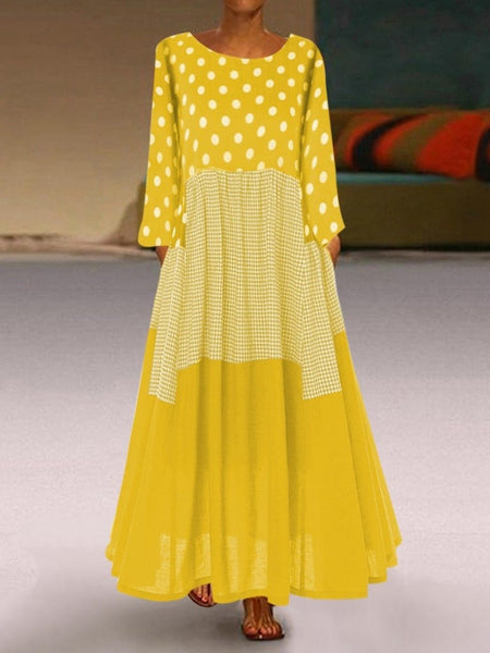 Women's Polka Dot Long Sleeve Dress with Round Neck and Pockets